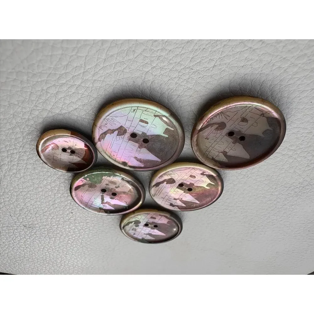 Antique Mother Of Pearl Abalone Etched Buttons Set of 6 Village Scene - Picture 4 of 6